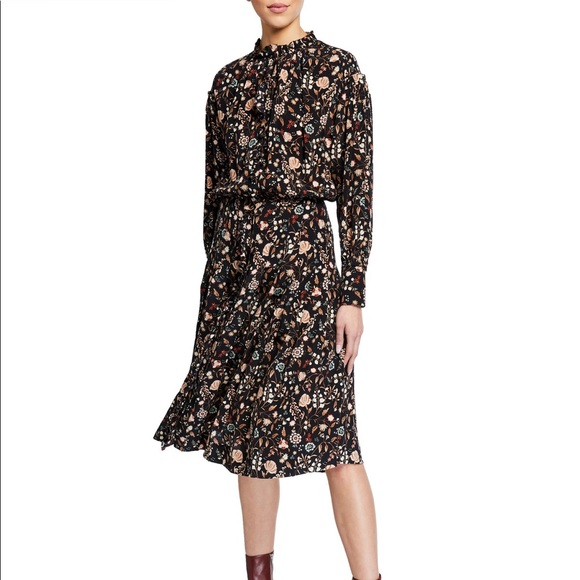 FRAME Midi Dress Silk Floral - Noir Multi - Picture 1 of 8